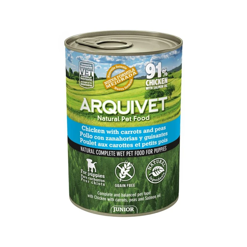 Lata junior pollo/zanahorias/guisantes/aceite de salmón 400gr.