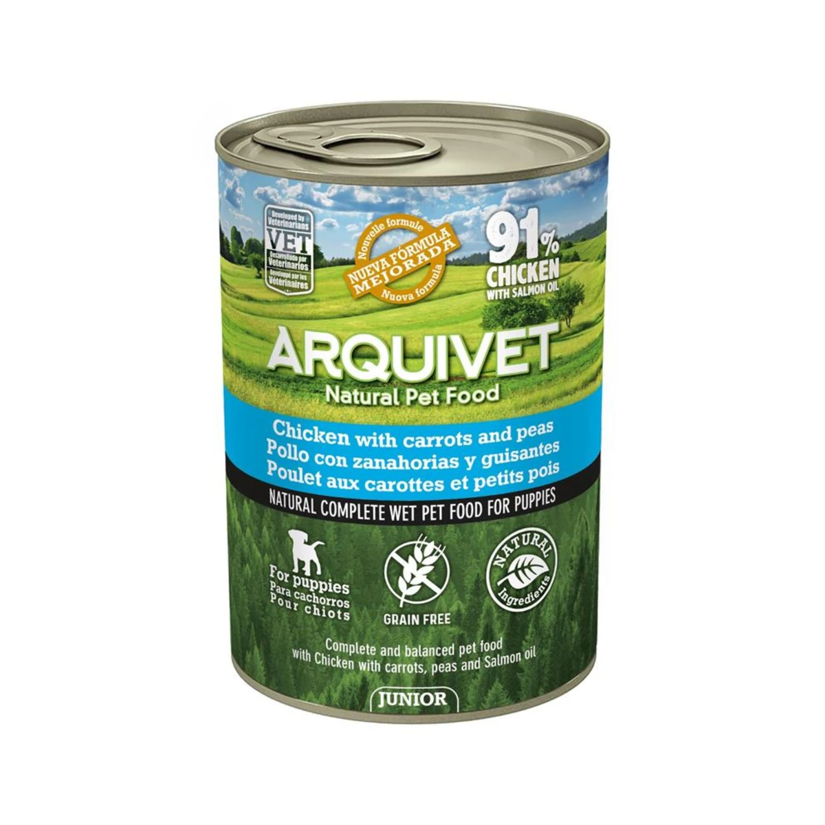 Lata junior pollo/zanahorias/guisantes/aceite de salmón 400gr.